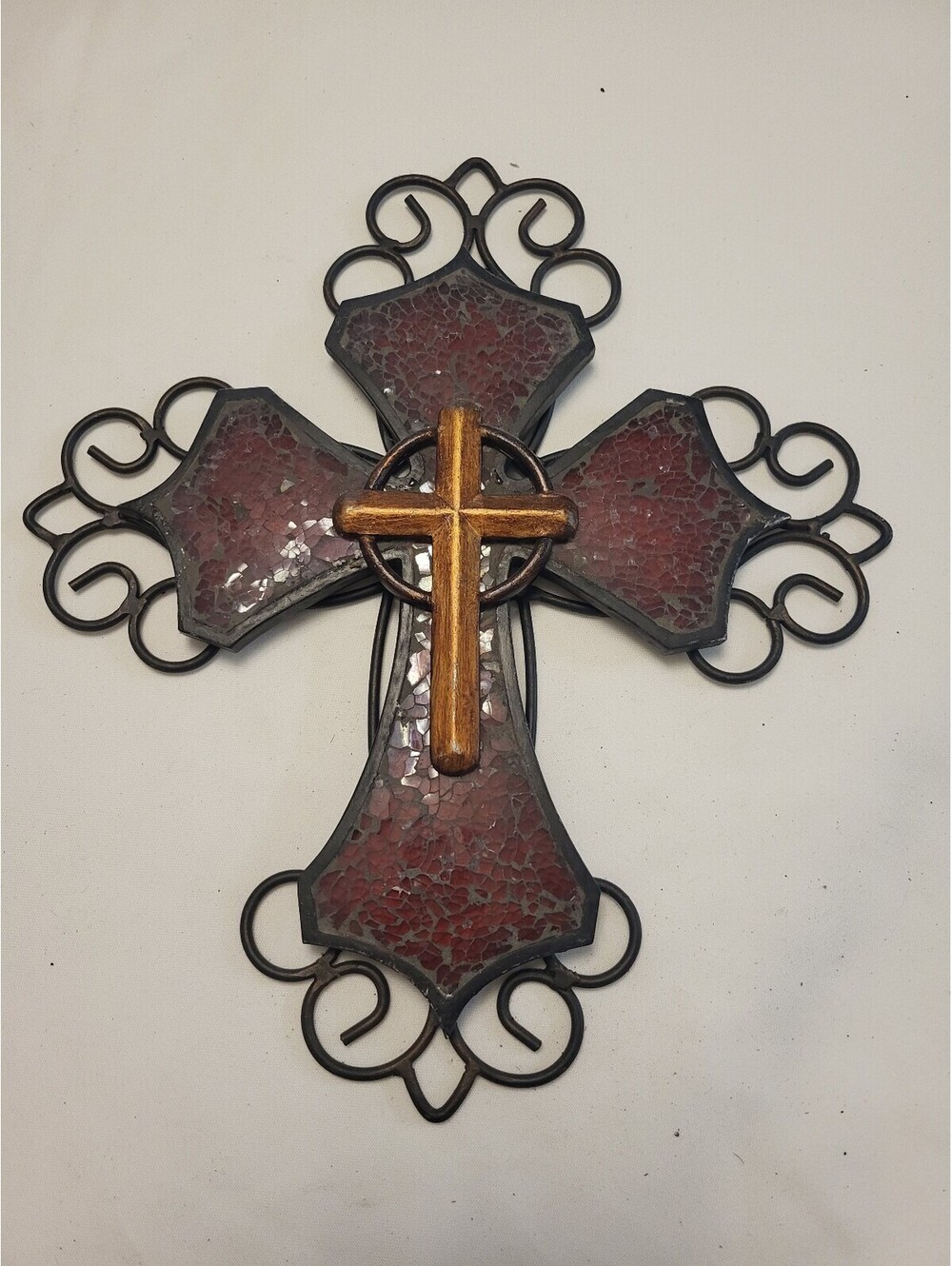 Decorative Wall Cross with Red Mosaic and Wooden Accent 12.5x11